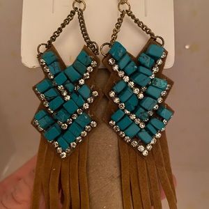 Cowgirl Turquoise Leather Earrings, Rhinestone Earrings & Beaded Bracelet